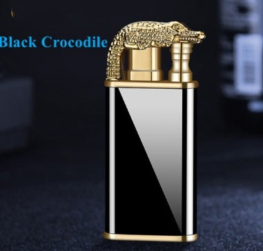 Black metal double flame windproof cigar lighter with gold crocodile design