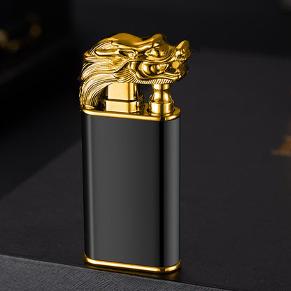 Black metal flame lighter with gold dragon head design, windproof double flame cigar lighter