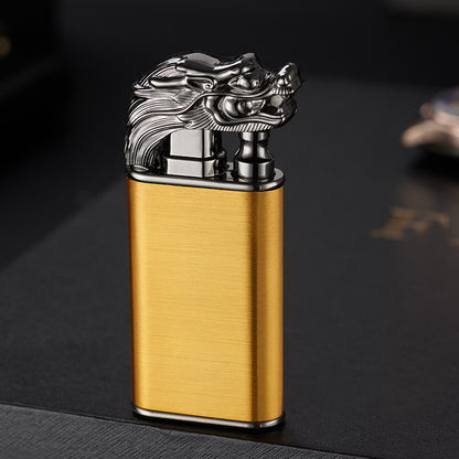 Gold metal double flame lighter with detailed silver dragon head design, windproof cigar lighter