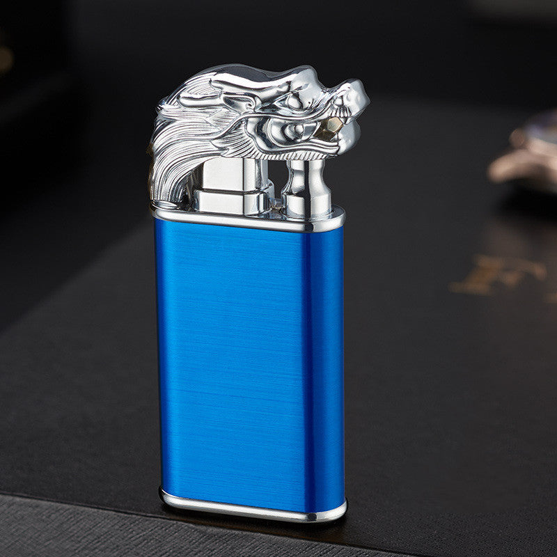 Blue metal double flame lighter with silver dragon head design on top, windproof cigar lighter