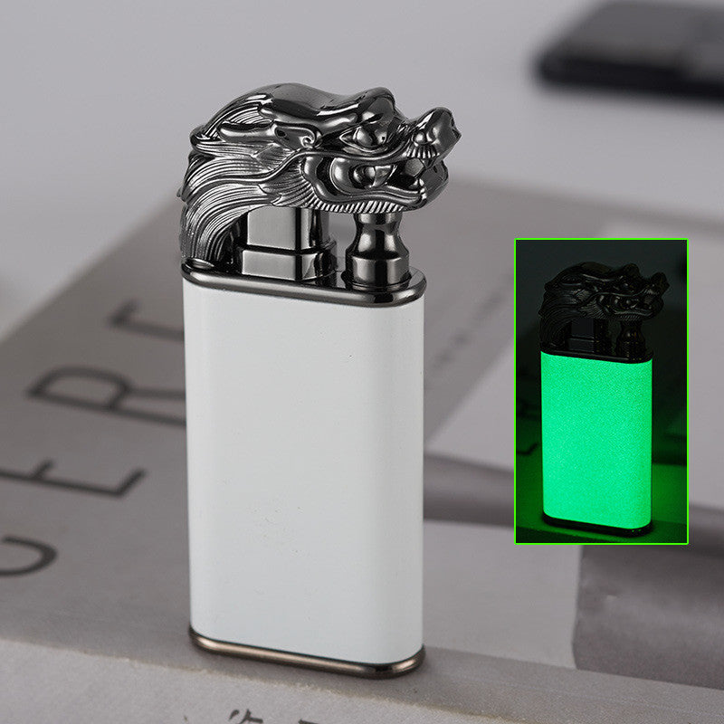 White metal windproof cigar lighter with silver dragon head design and glow-in-the-dark body