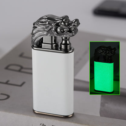 White metal windproof cigar lighter with silver dragon head design and glow-in-the-dark body
