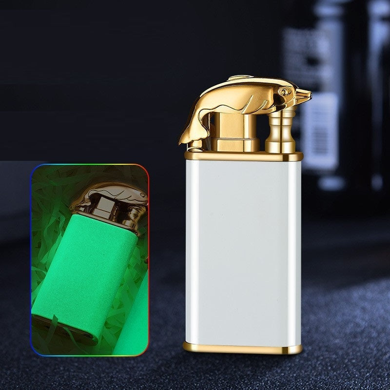 White and gold windproof metal double flame lighter with dolphin design and glow-in-the-dark feature