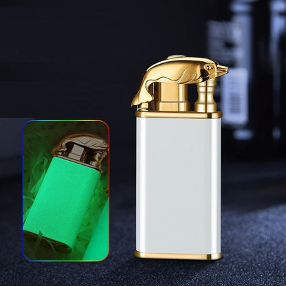 White and gold windproof metal double flame lighter with dolphin design and glow-in-the-dark feature
