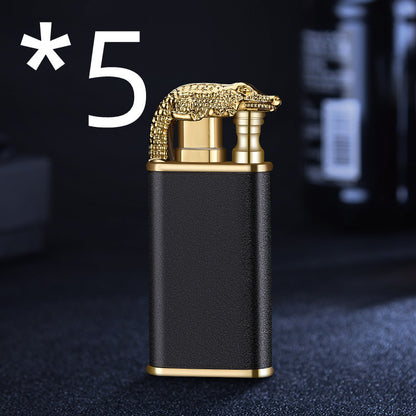 black and gold metal double-flame windproof cigar lighter with gold crocodile design