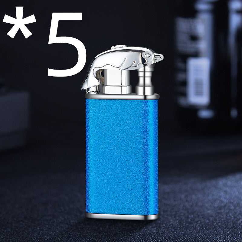 Blue metal cigar lighter with silver bird-shaped cap and windproof double flame design on dark background