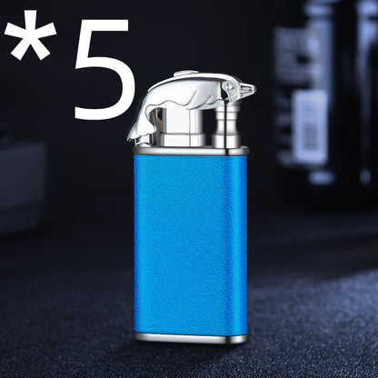 Blue metal cigar lighter with silver bird-shaped cap and windproof double flame design on dark background