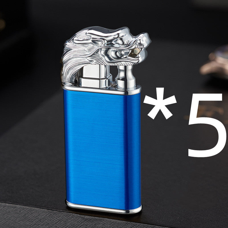 blue metal windproof lighter with silver dragon head design on top