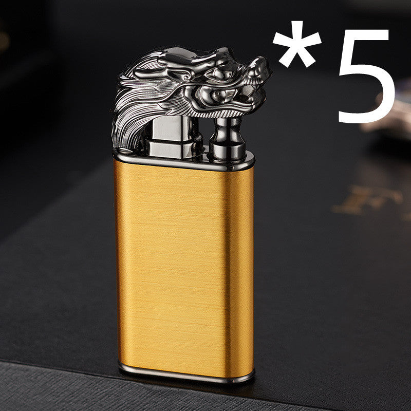 Gold metal double flame lighter with silver dragon head design, windproof cigar accessory