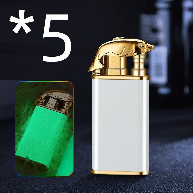 White and gold metal windproof double flame lighter with dolphin design on top and glowing green feature