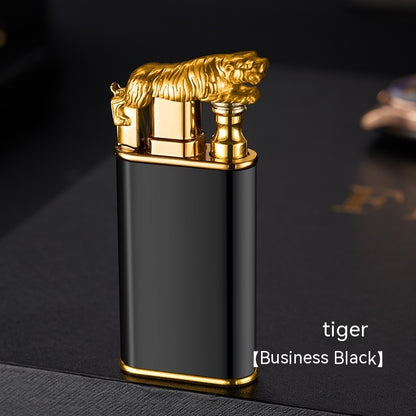 Black and gold metal lighter with a golden tiger figure on top, sleek design, luxury cigar accessory