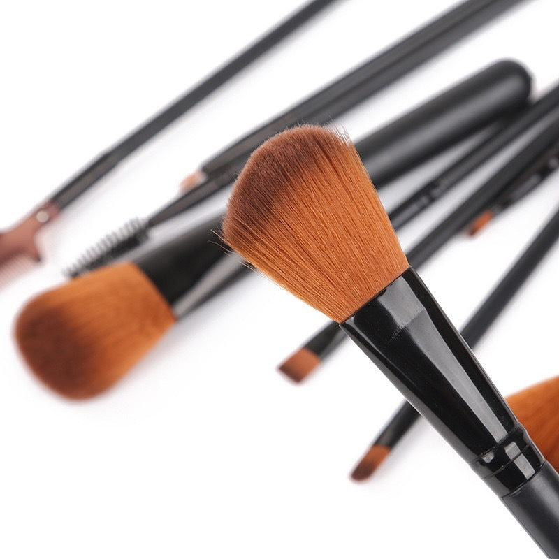 Set of black-handled cosmetic makeup brushes with soft brown bristles on a white background