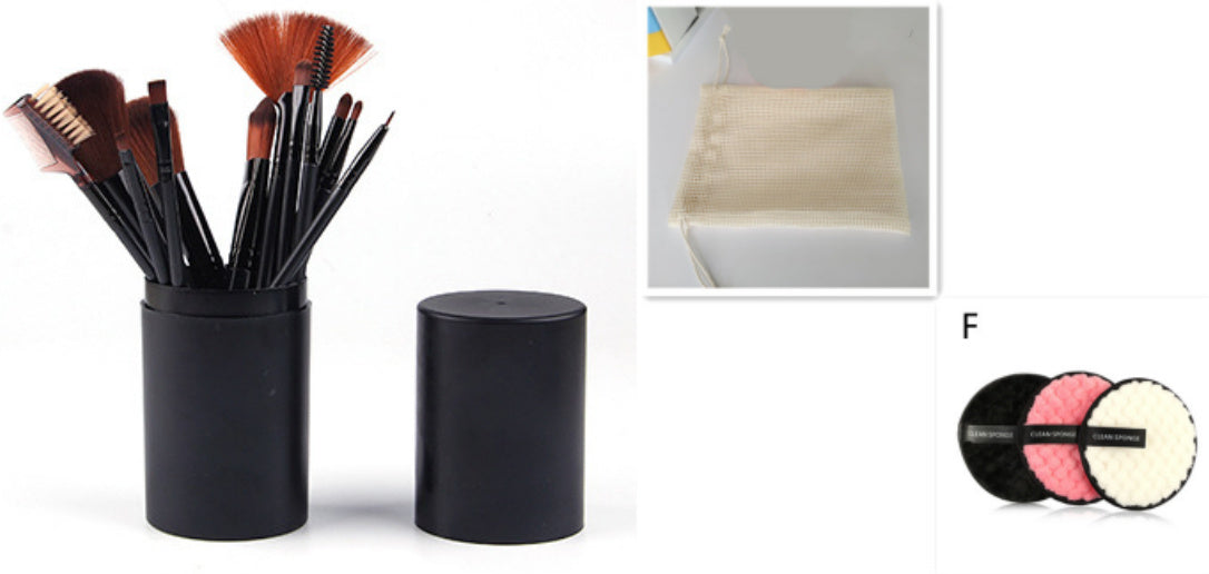 12-piece black makeup brush set with soft bristles in black holder with lid on white background