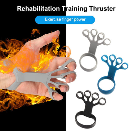 Hand using gray silicone finger grip trainer for rehabilitation; additional blue, black, and gray trainers shown