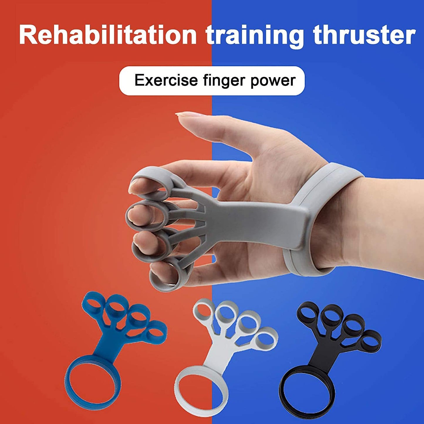 Hand wearing gray silicone finger grip trainer for hand strength and rehabilitation, shown with blue, white, and black versions