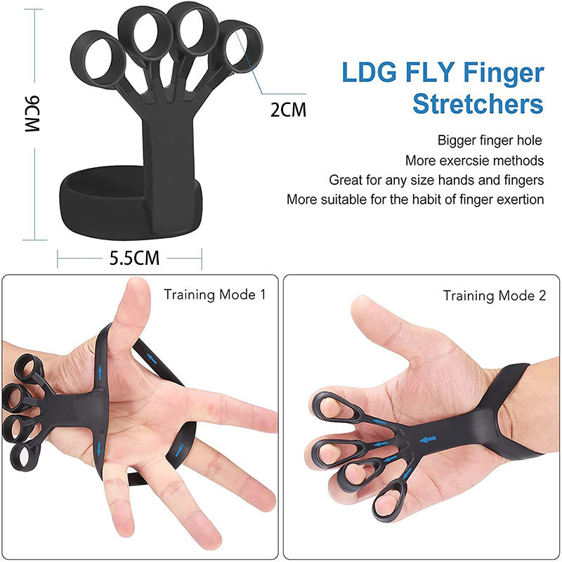 Black silicone finger grip trainer hand strengthener with dimensions 9x5.5x2cm shown in two training modes on a hand