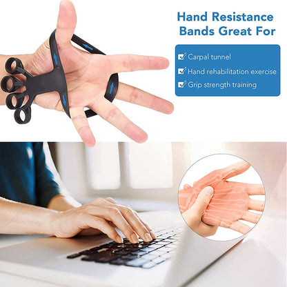 Hand using black silicone finger grip trainer for carpal tunnel relief, grip strength, and rehabilitation