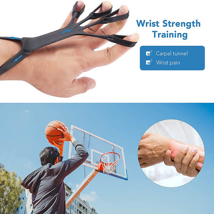 Black silicone finger grip trainer on hand for wrist strength training relieving carpal tunnel and wrist pain