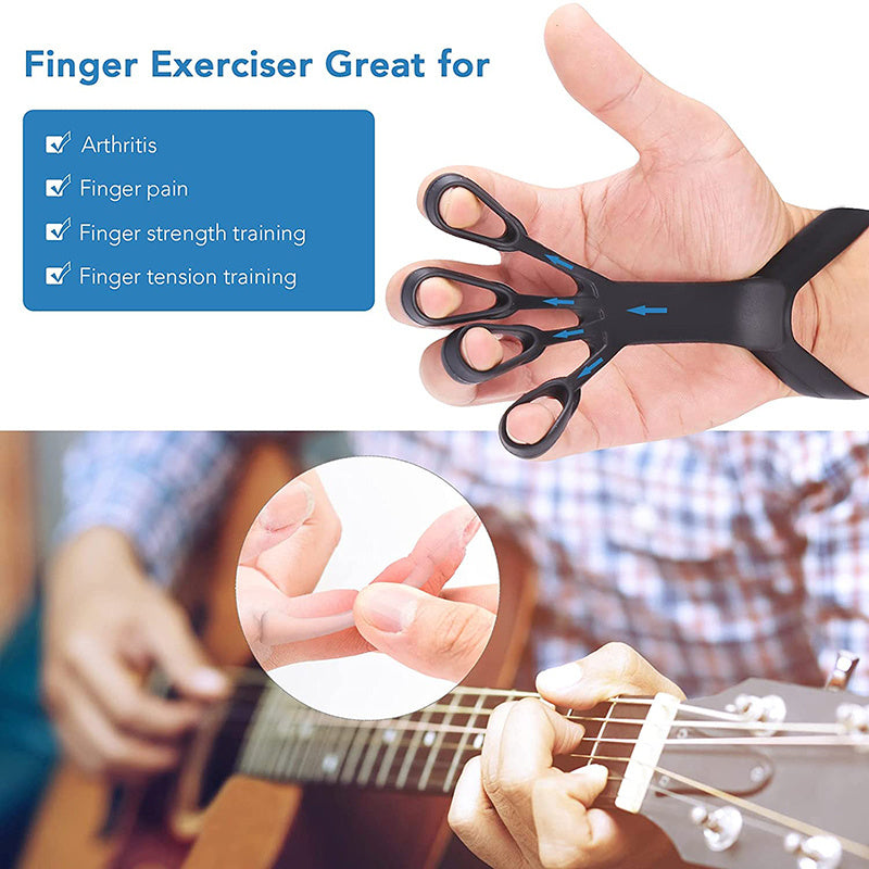 Black silicone finger grip trainer hand exerciser shown on a hand with guitar playing background