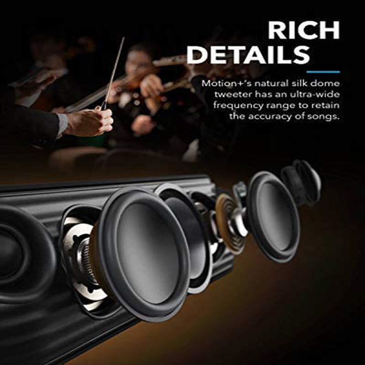 Close-up of audio speaker components with orchestra background highlighting rich sound details and silk dome tweeter