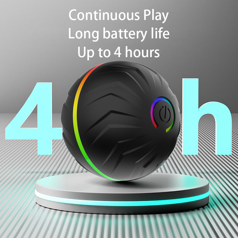 Black interactive dog toy ball with rainbow LED strip on pedestal, emphasizing 4-hour battery life