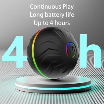 Black interactive dog toy ball with rainbow LED strip on pedestal, emphasizing 4-hour battery life