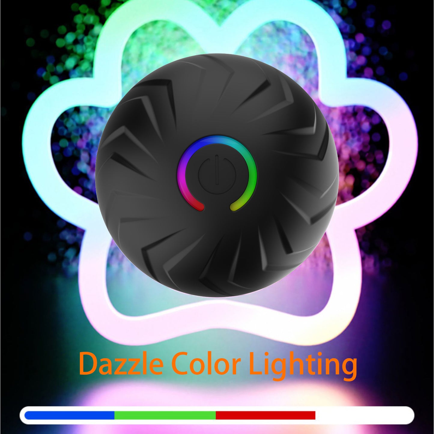 Black interactive dog toy ball with colorful LED light and power button, dazzle color lighting