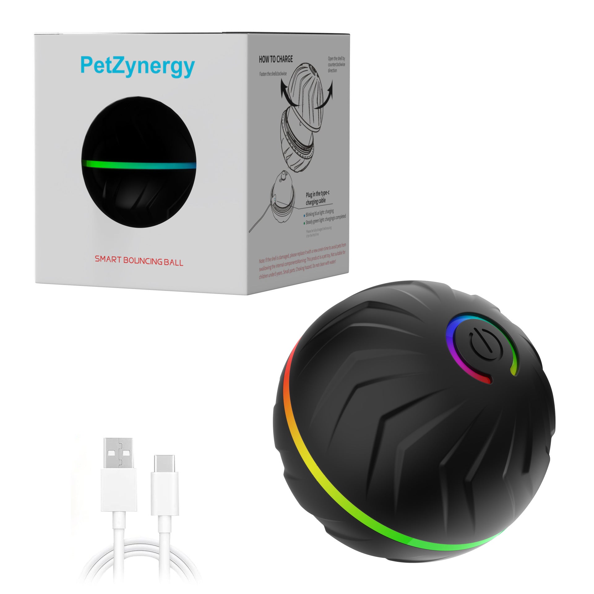 PetZynergy smart bouncing ball dog toy with colorful LED light, USB-C charging cable, and packaging box