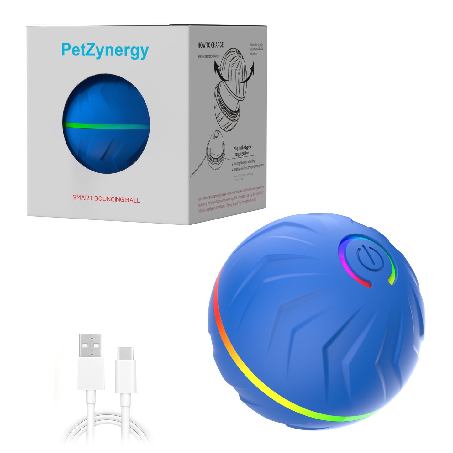 PetZynergy blue smart bouncing ball dog toy with rainbow LED light and USB-C charging cable
