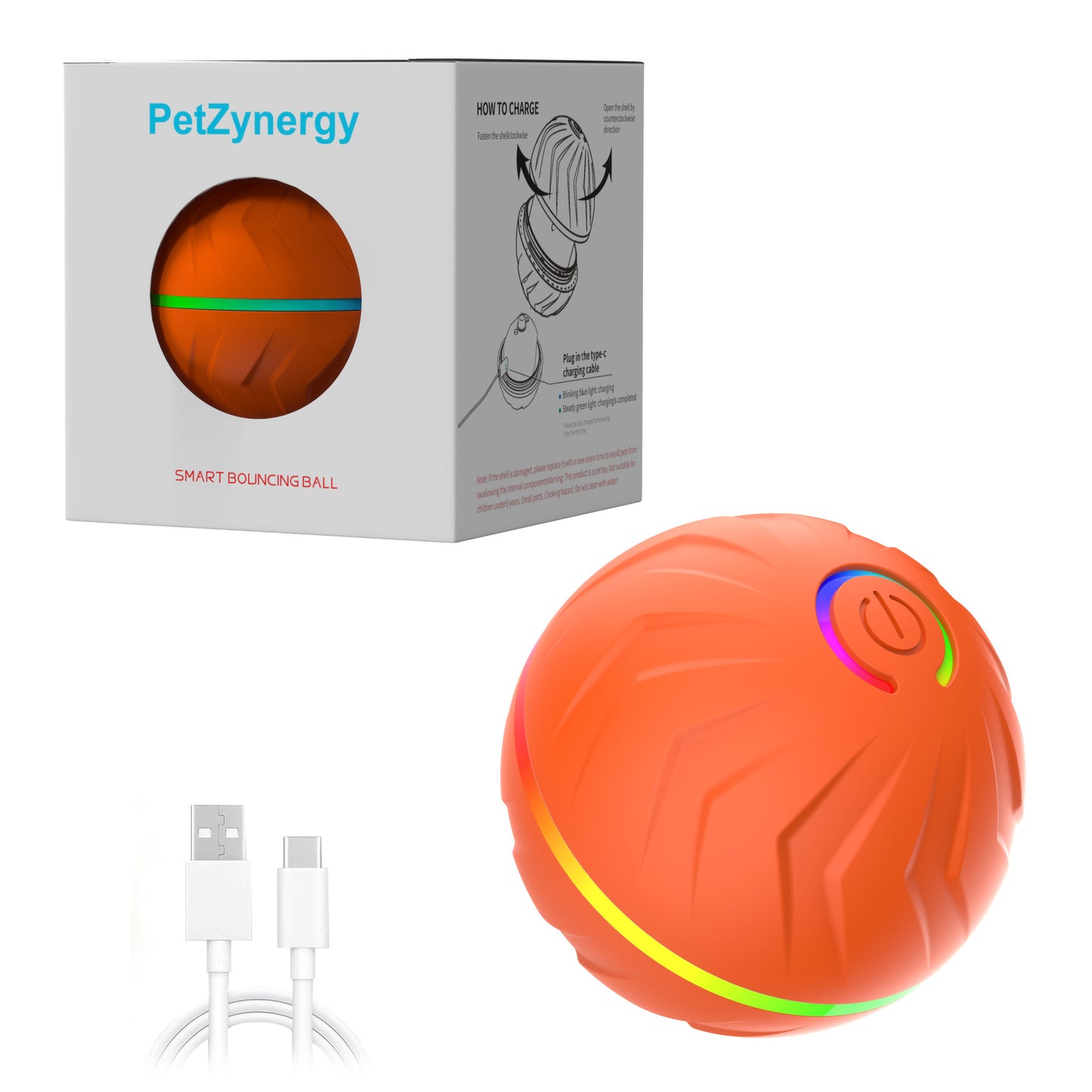 Orange PetZynergy smart bouncing ball dog toy with USB-C charging cable and packaging