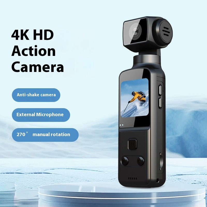 Black 4K HD action camera with anti-shake, external microphone, and 270° rotation display showing skier