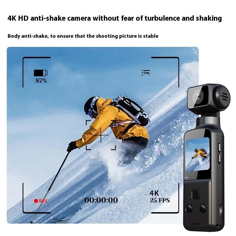Compact black 4K action camera with anti-shake features showing a skier in a yellow jacket on screen