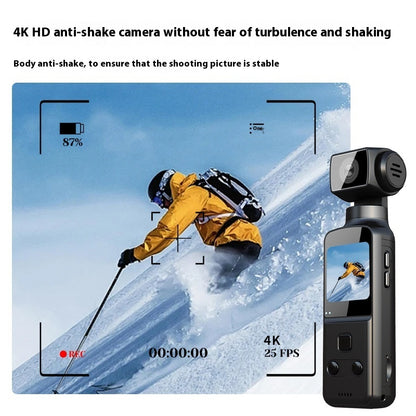 Compact black 4K action camera with anti-shake features showing a skier in a yellow jacket on screen