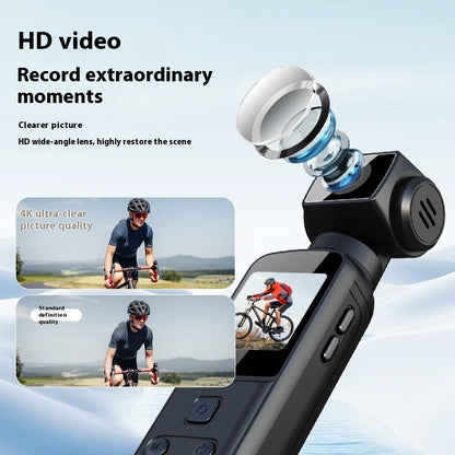 Black 4K action camera with anti-shake wide-angle lens showing cycling video in HD and standard quality
