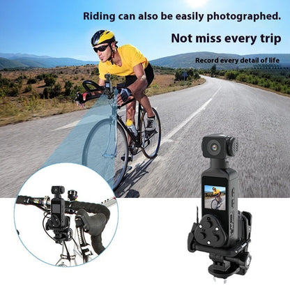 Black 4K action camera with anti-shake mounted on a bicycle handlebar capturing a cyclist riding on a road
