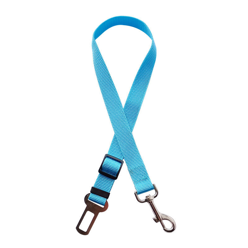 Blue adjustable pet car seat belt with metal clip and buckle for dog safety