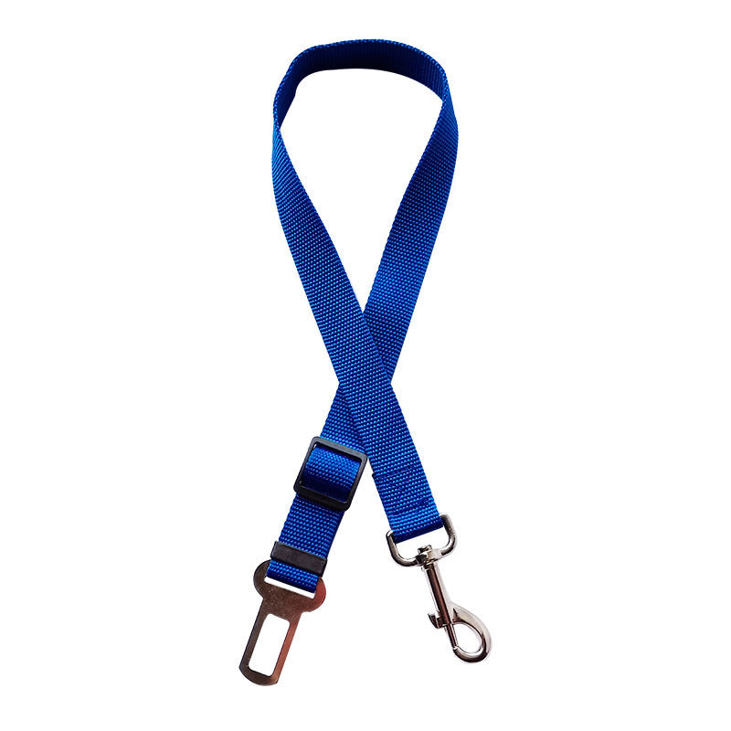 Blue adjustable pet car seat belt with metal clip and buckle for dog safety