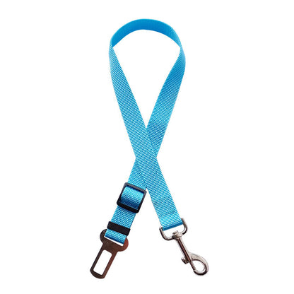 Blue adjustable pet car seat belt with metal seatbelt clip and leash clasp