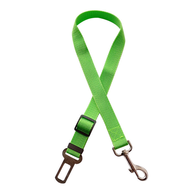 Bright green adjustable pet car seat belt with metal buckle and swivel clip for dog safety