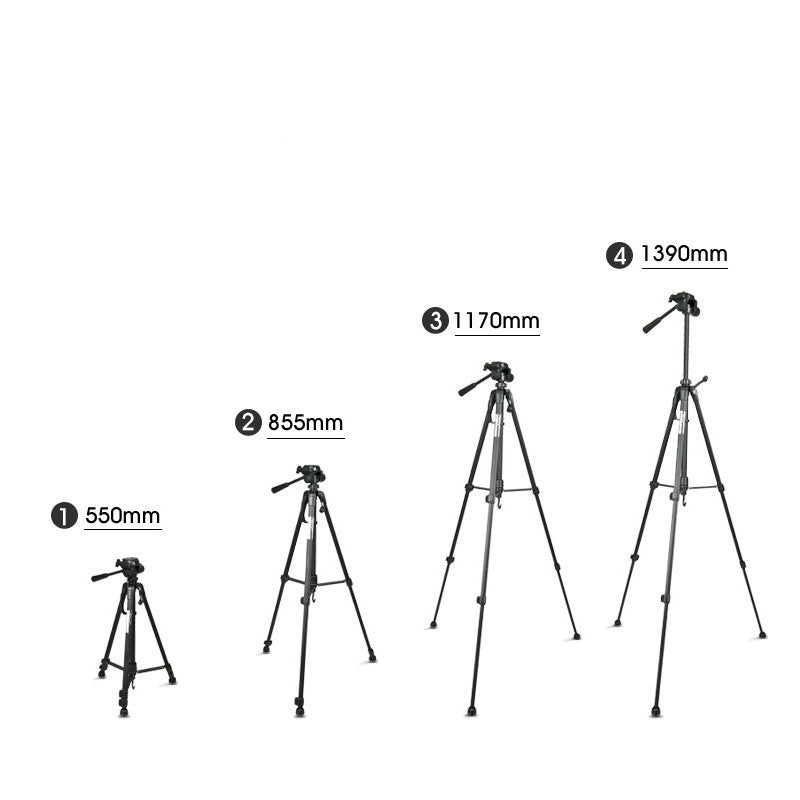 Black aluminum SLR camera tripod in four adjustable heights: 550mm, 855mm, 1170mm, and 1390mm