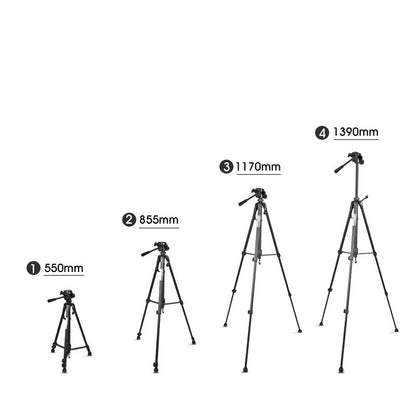 Black aluminum SLR camera tripod in four adjustable heights: 550mm, 855mm, 1170mm, and 1390mm