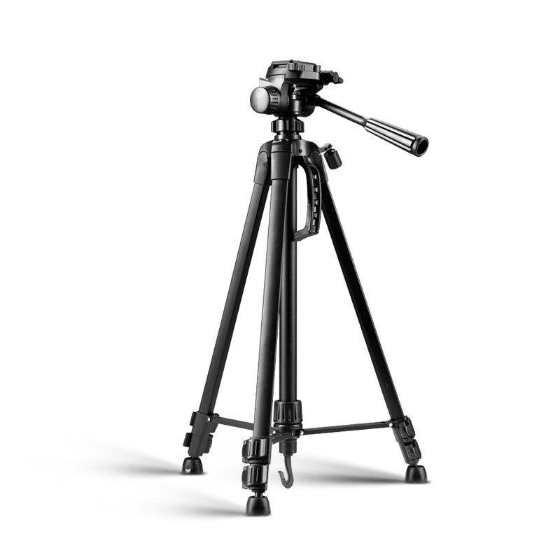 Black aluminum 3-section camera tripod with adjustable legs and pan handle on white background