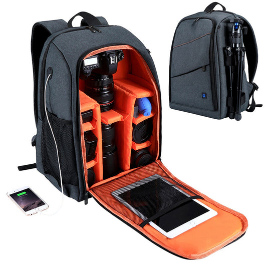 Black Trendoligy Aquaguard Pro waterproof camera backpack with orange interior, compartments for lenses, tripod holder, and USB charging port