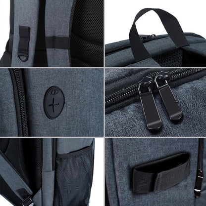 Close-up details of black Trendoligy Aquaguard Pro waterproof camera backpack with zippers, straps, handle, and side pocket