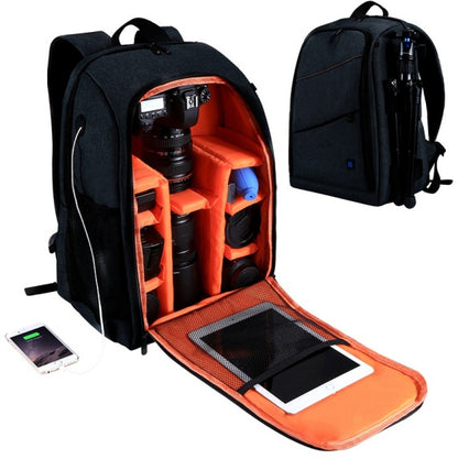 Black waterproof camera backpack with orange padded interior holding camera gear, tripod on side, and tablet in front pocket