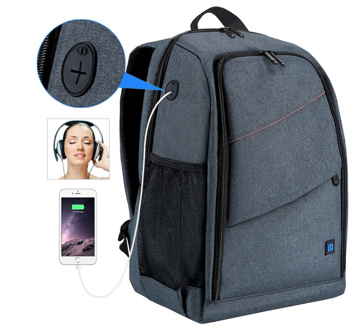 grey waterproof Trendoligy Aquaguard Pro camera backpack with USB charging port and headphone jack