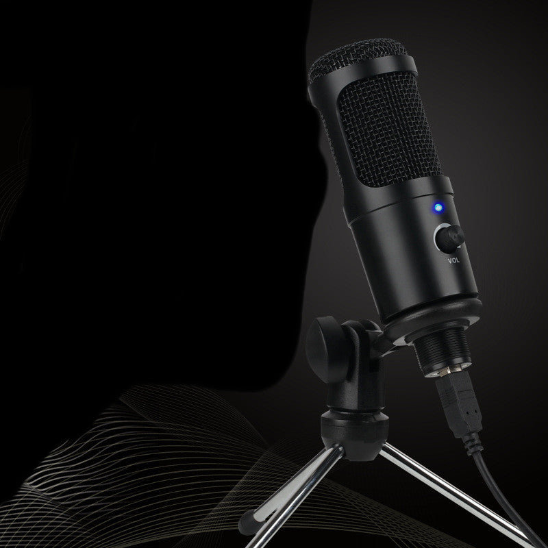 Black condenser microphone on a tripod stand with USB cable and volume control, gaming and recording mic