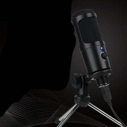 Black condenser microphone on a tripod stand with USB cable and volume control, gaming and recording mic