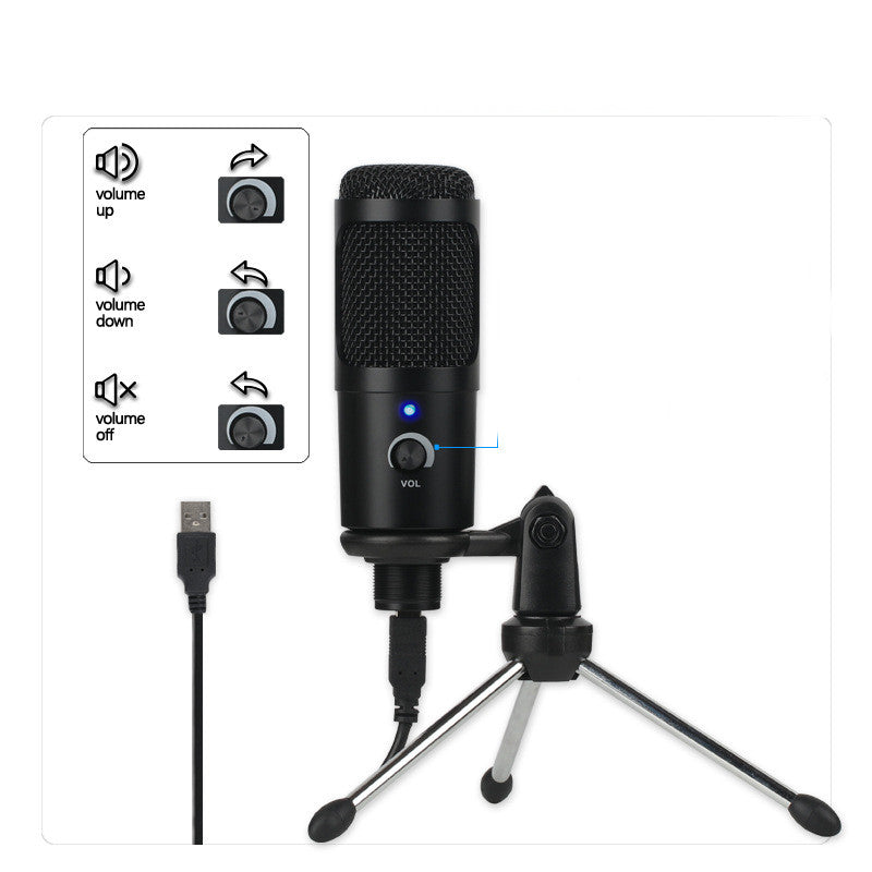 Black Trendoligy USB condenser microphone on tripod stand with volume control and USB cable