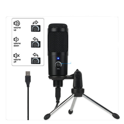 Black Trendoligy USB condenser microphone on tripod stand with volume control and USB cable
